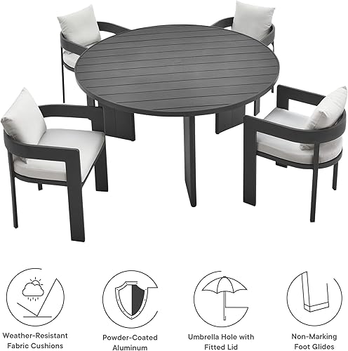 Miniatura 2 de Modway Tahoe - Juego de comedor de 5 piezas de aluminio con recubrimiento en polvo para patio al aire libre en gris y blanco, juego de muebles