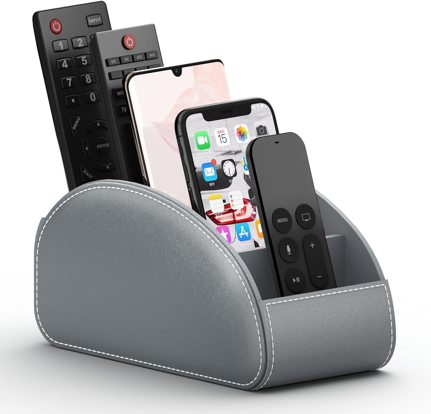 Remote Control Holder with 5 Compartments,Pu Leather Office Organization Storage Caddy Box for Tv Remote,Heater Controllers,Media Player,Office Supplies,Makeup Brush (Grey)