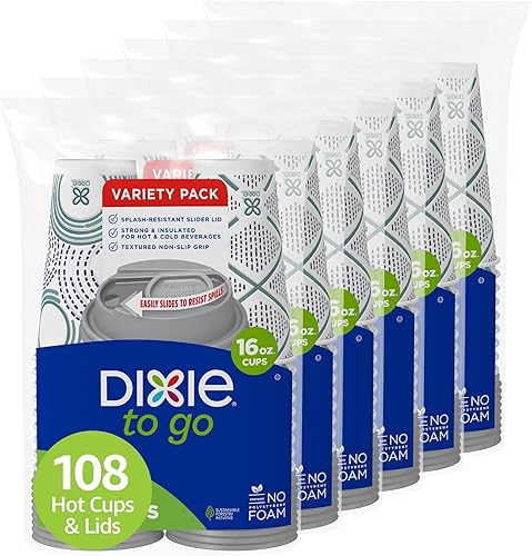 Dixie To Go - Tazas de café de papel con tapas, 16 onzas, 108 unidades, vasos de papel aislantes desechables para bebidas calientes o frías