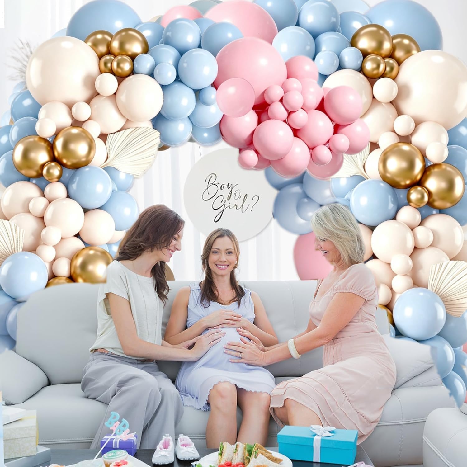 Gender Reveal - Kit per arco di palloncini, rosa e blu, palloncini metallizzati oro sabbia bianca per ragazzo e ragazza, rivelazione di genere, bohémien, addio al nubilato, compleanno, baby shower