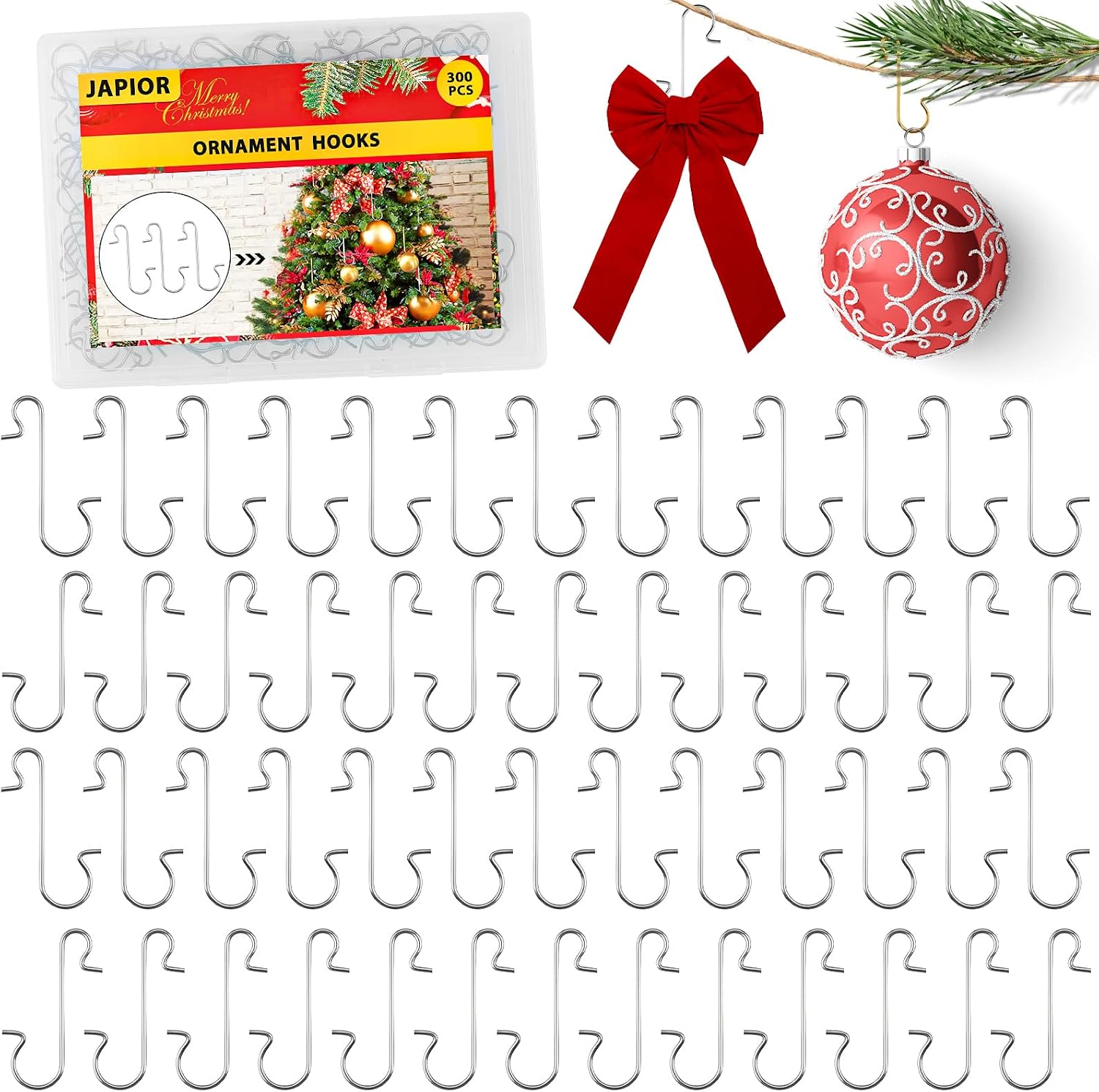 Japior 300 Pack Silver S-Shaped Christmas Ornament Hooks with Storage Box - Durable Rust-Resistant Hangers