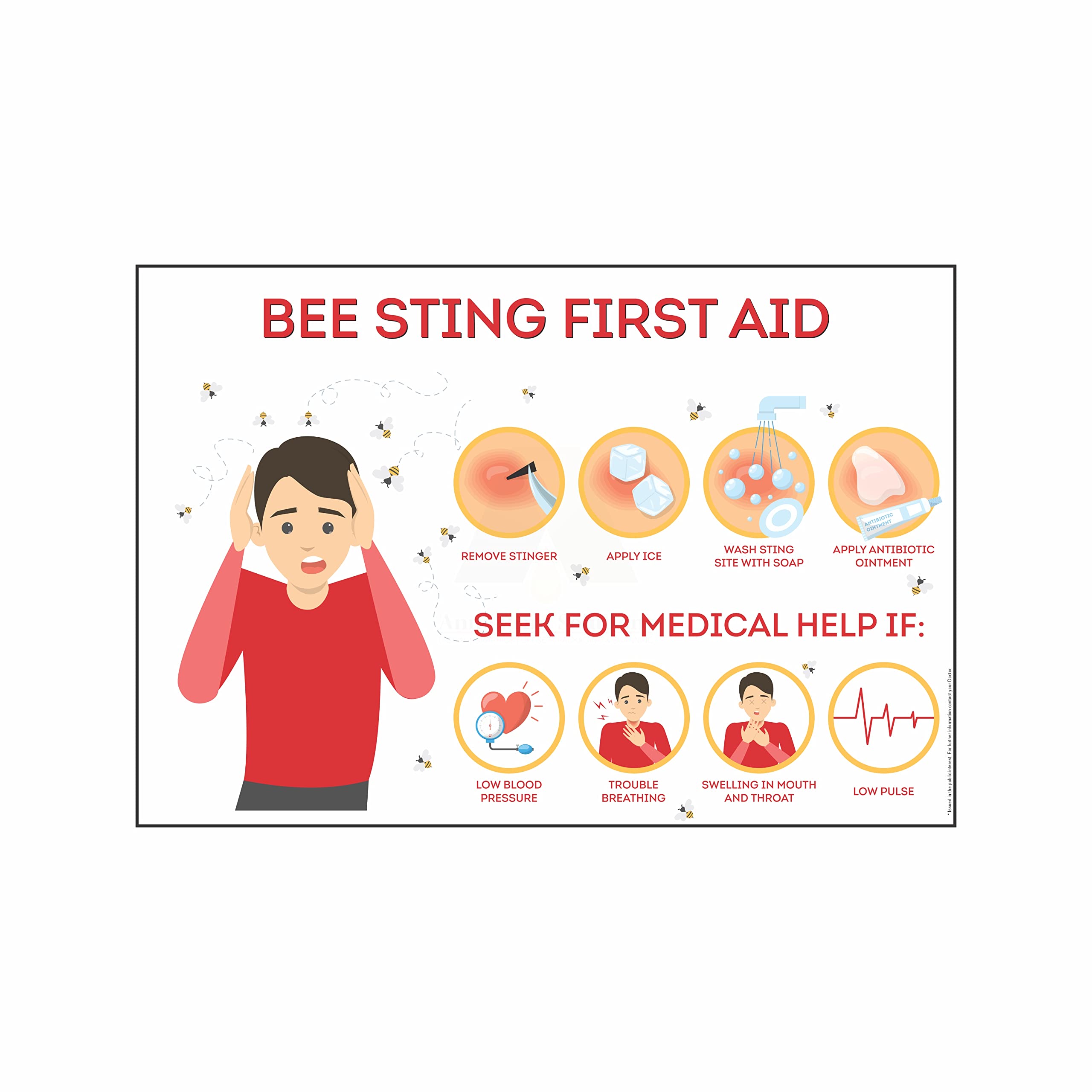 Anne Print Solutions® Bee Sting First aid Vinyl Sticker (Without Frame) for Hospital Stickers Nursing Home Stickers Printed On Non Tearable Vinyl Pack of 1 Pcs Size 24 Inch X 36 Inch*