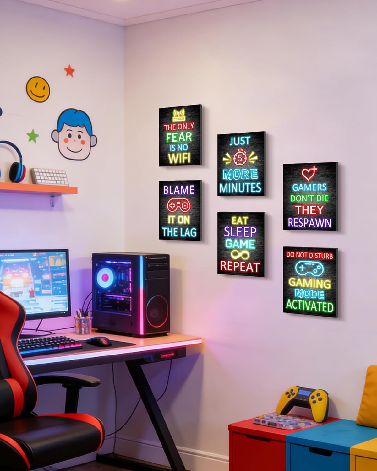 KUVIOKE Video Gamer Room Decor for Teen Boys Gaming Wall Art Gamer Neon Sign Teenage Bedroom Decor Ready to Hang Set of 6, 8x10in (Framed)