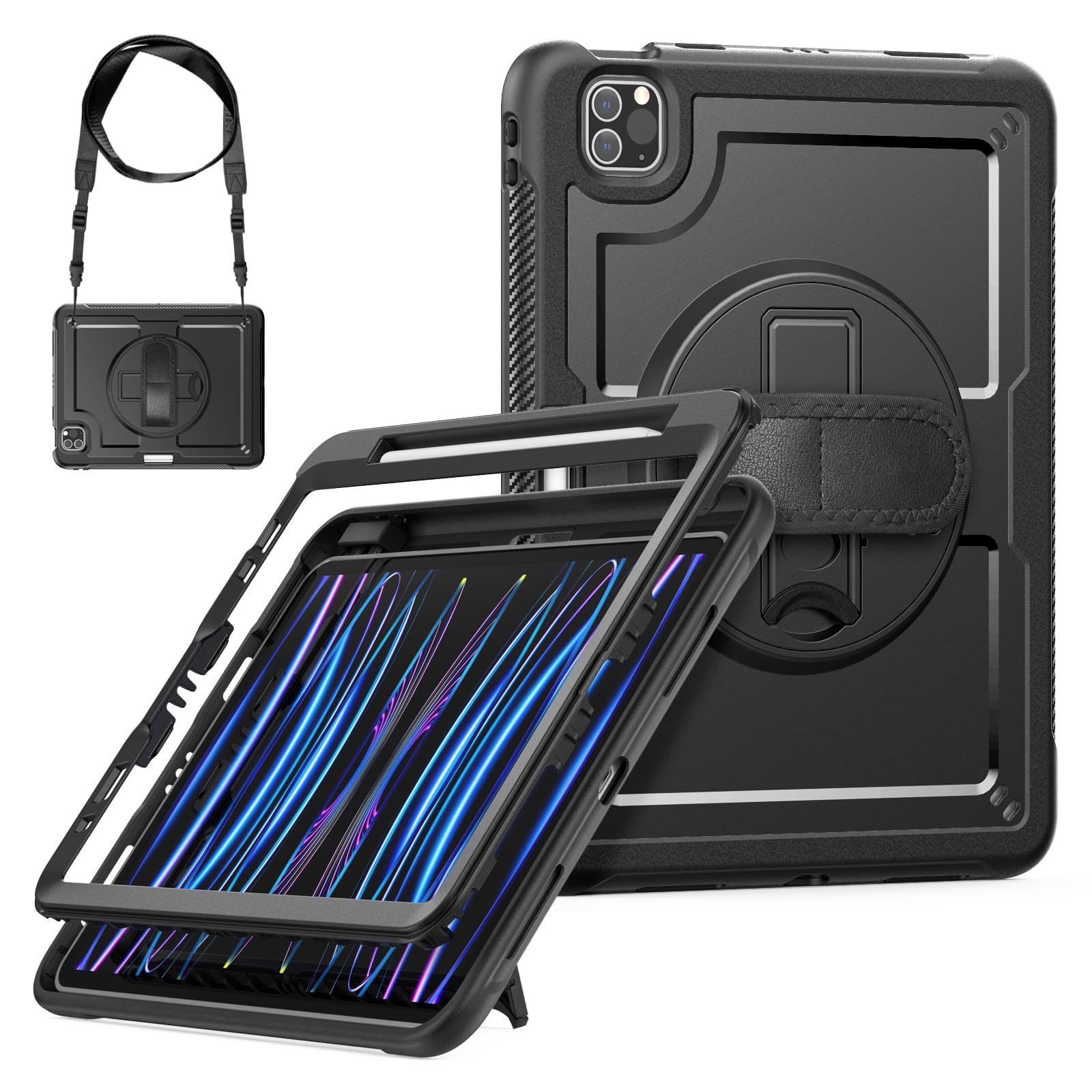 Coque iPad Pro 11 version 2022 2021 2020 2018 noire avec support et sangle - 8