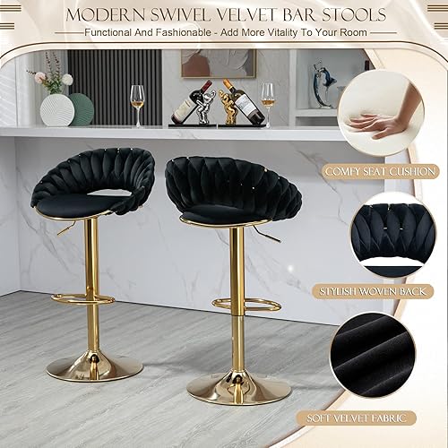 Miniatura 4 de Juego de 2 taburetes de bar giratorios de terciopelo, sillas de bar modernas ajustables con respaldo tejido hueco, taburete de bar dorado de lujo,