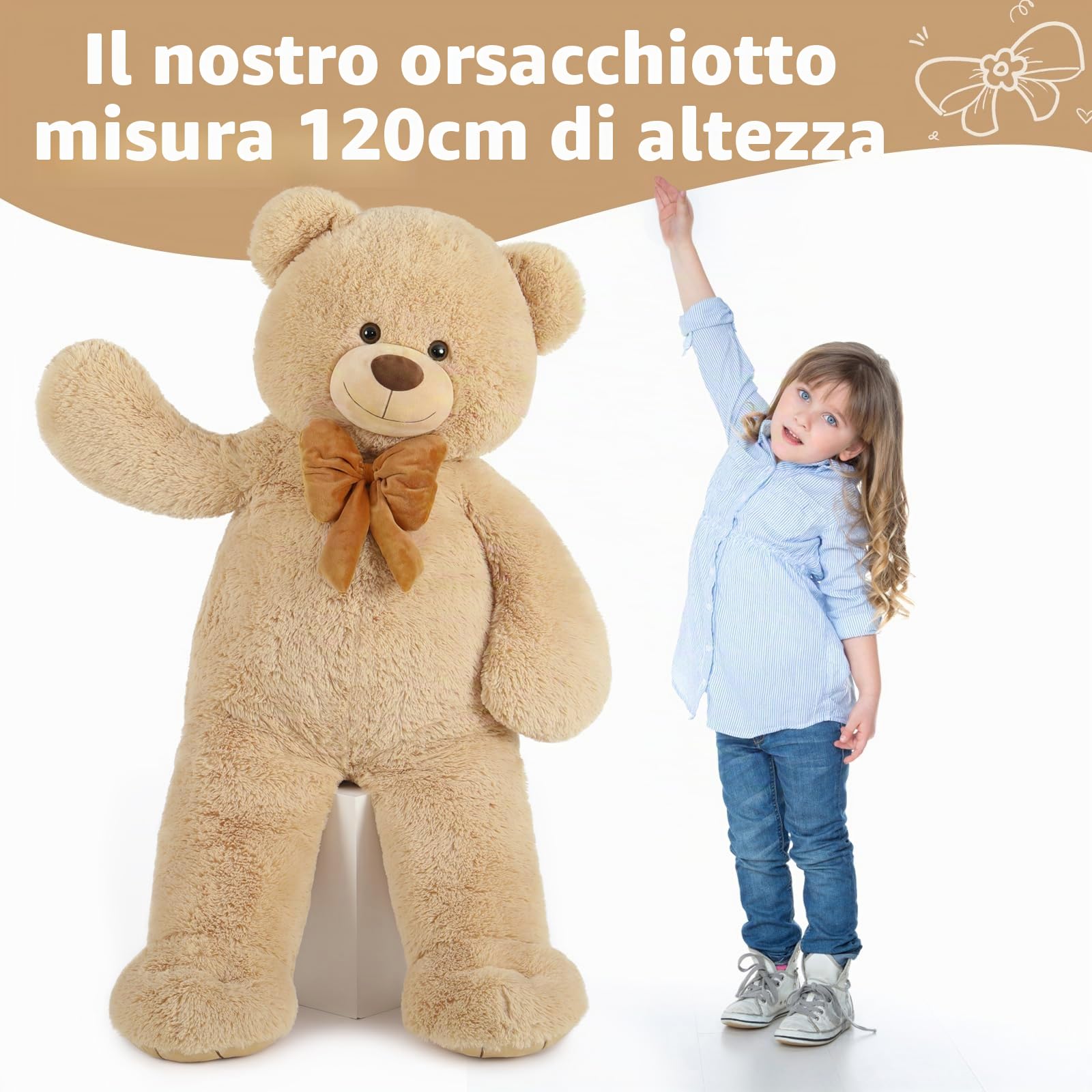 MorisMos 120cm Orsacchiotto Gigante, XXL Marrone Orso Peluche Grande Kawaii Pupazzo Morbido Orsetto di Peluche Teddy Bear Regalo per Bambini Fidanzata Lei Lui Compleanno Decorazioni