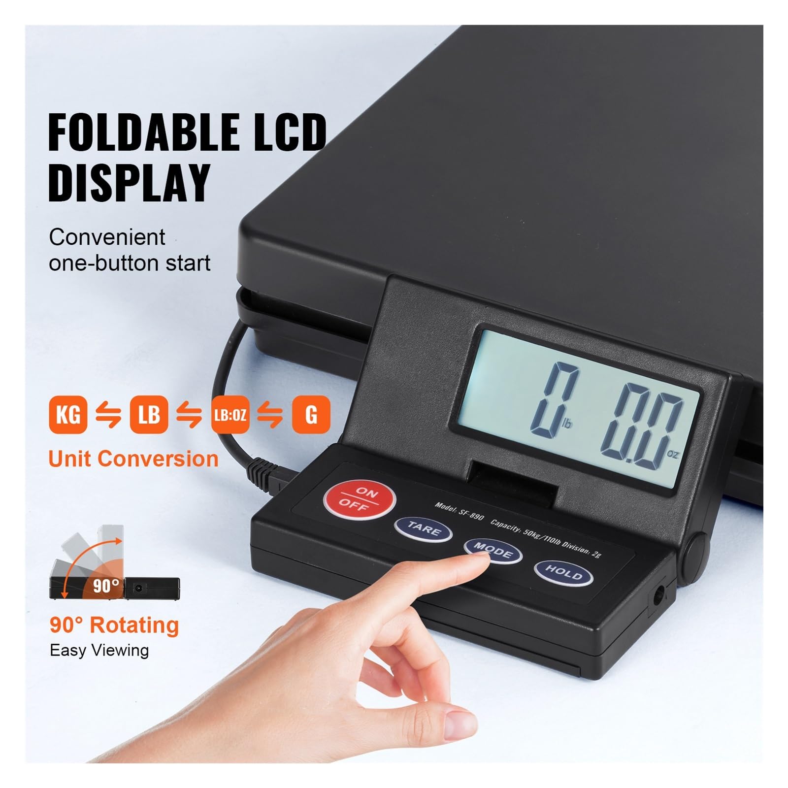 Báscula de envío digital 50 kg con temporizador Pantalla LCD plegable Paquete accionado por CA/CC for el hogar Laggage, Versátil