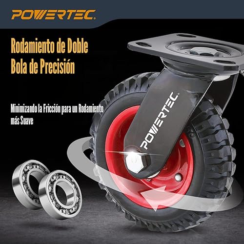 Miniatura 4 de POWERTEC Juego de 8 ruedas giratorias resistentes de 8 pulgadas, ruedas neumáticas con banda de rodadura de goma para banco de trabajo, carrito,