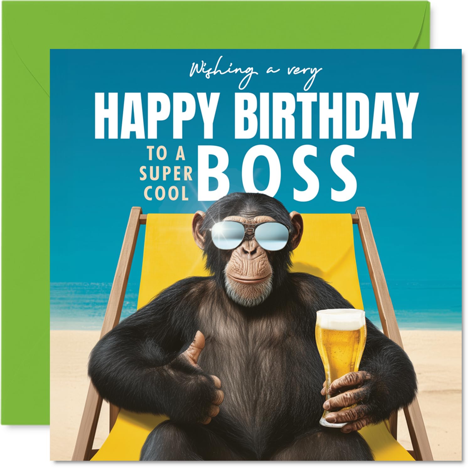 Boss Birthday Card - Relaxing Chimp on Beach - Happy Birthday Card for Boss from Employee Colleague, 145mm playful animal illustration Bday Greeting Cards