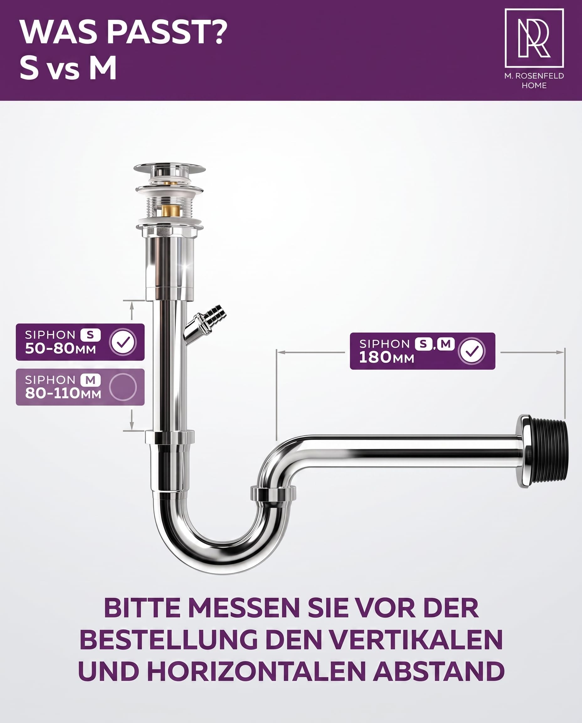 M. ROSENFELD HOME Syfon do umywalki – uniwersalny syfon rurowy 1 1/4" do umywalki w łazience, syfon zapachowy z rurą odpływową, kompletny zestaw z uszczelkami i rozetą