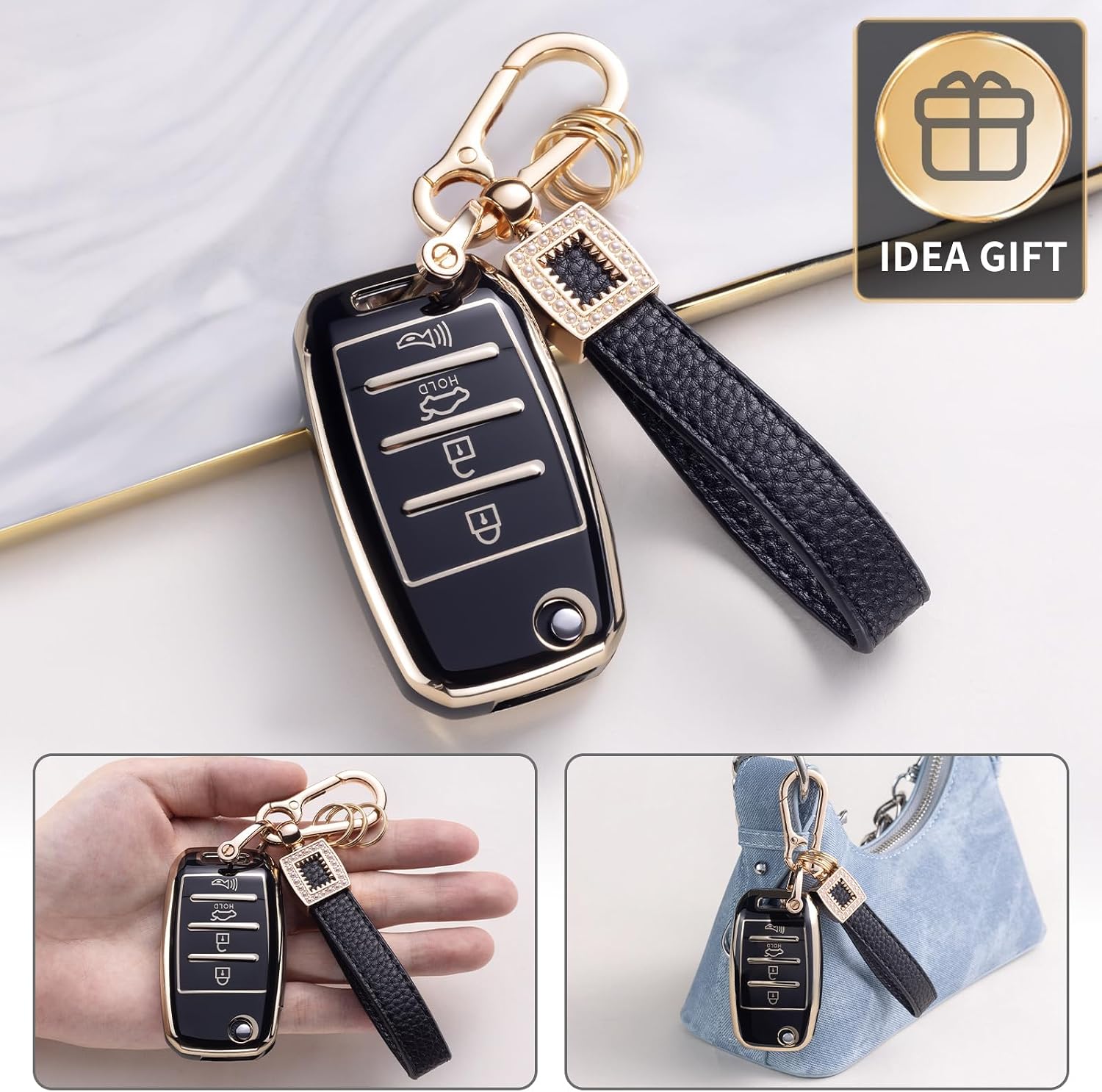 for KIA Key Fob Cover with Leather Lanyard, Car Key Fob Case Compatible with Sorento Sportage Rio Soul Forte Optima Carens Picanto Smart Key Protector Holder image 5