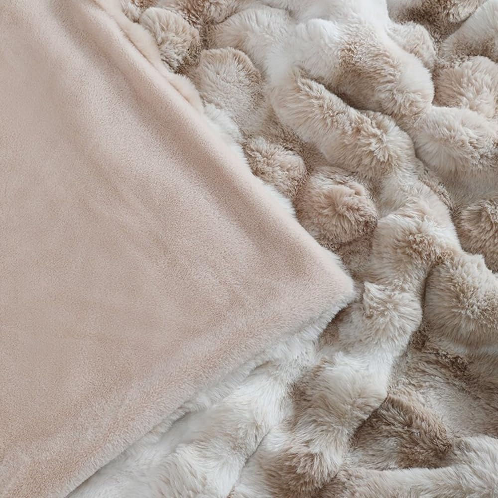 RYNGHIPY Faux Rabbit Fur Bed Throws, Fluffy Warm Throw Blanket for Sofa Couch, Soft Plush Decorative Blanket Thick and Heavy, Cute Bubble Furry Blanket (Blush, 63''x79''): 51''x63'' Light Tan