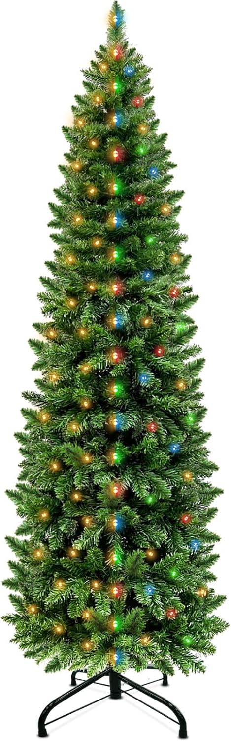 turnmeon dual color change 6.5 ft prelit pencil christmas tree 8 modes timer warm white & multicolor lights 826 thick branch artificial slim xmas tree christmas decorations indoor outdoor home holiday spruce green-warm white change multicolor-8 modes
