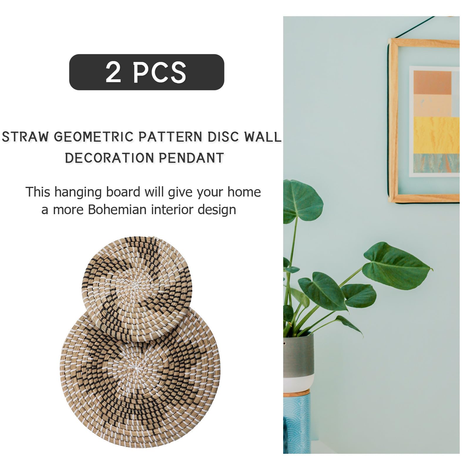 2 Piezas Adorno de Pared de Disco Geométrico de Mimbre Beige