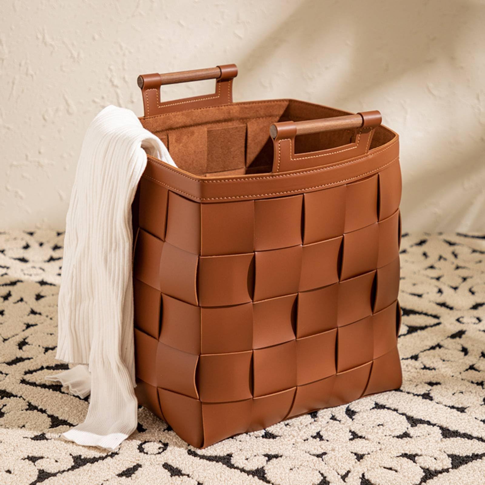 Cesta de Almacenamiento Tejida a Mano Cesta Caja Contenedor Organizador en Piel Sintética con Mango de para Transporte Fácil Adecuada para Dormitorio Sala de Estar, Gris
