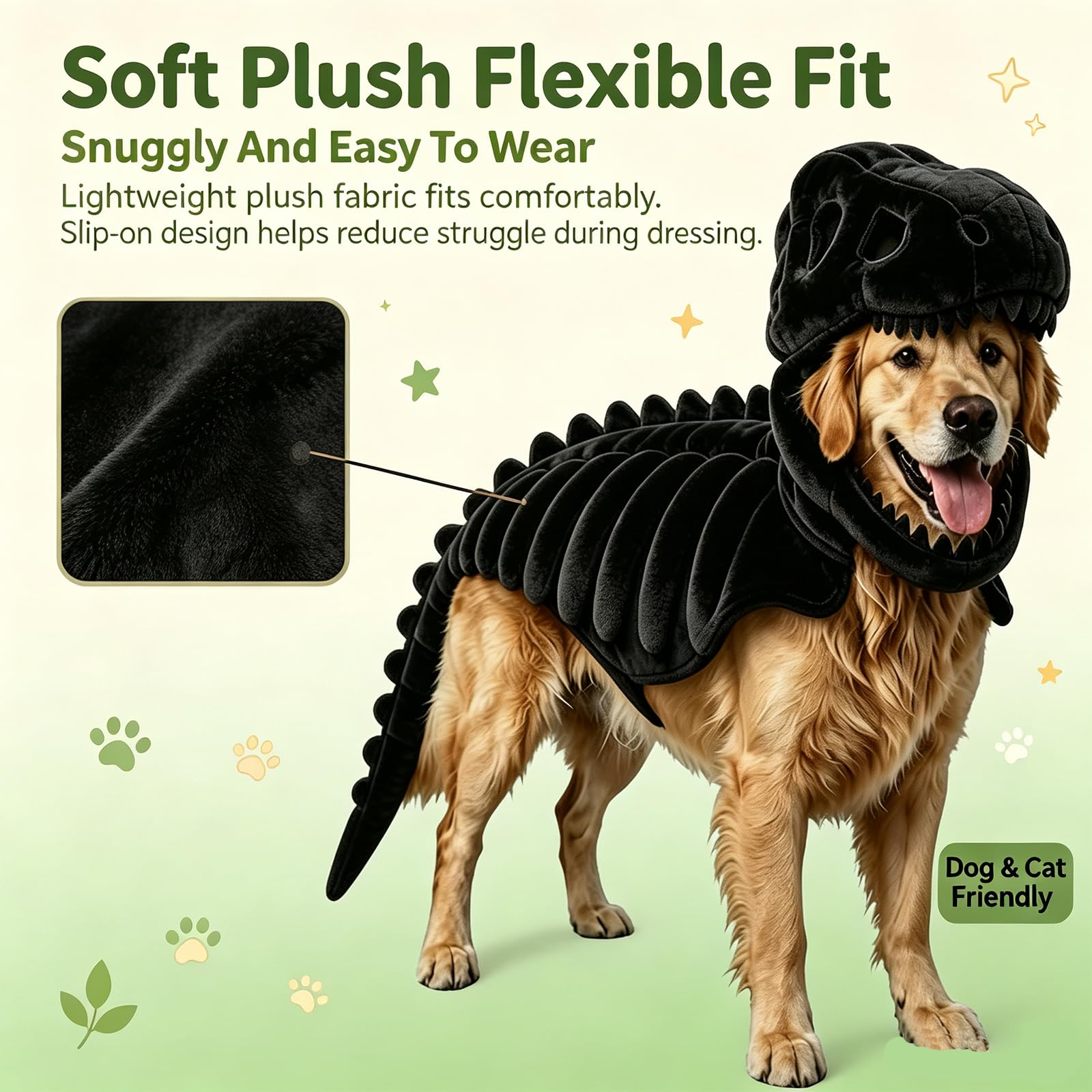 Dinosaurier Kostüm Hund Halloween, Leuchtendes Skelett Haustier Kostüm für Hunde und Katzen, Plüsch Drachen Kapuze Outfit, Lustige Tierbekleidung für Halloween Party, Fotos und Geschenke，D：120 cm