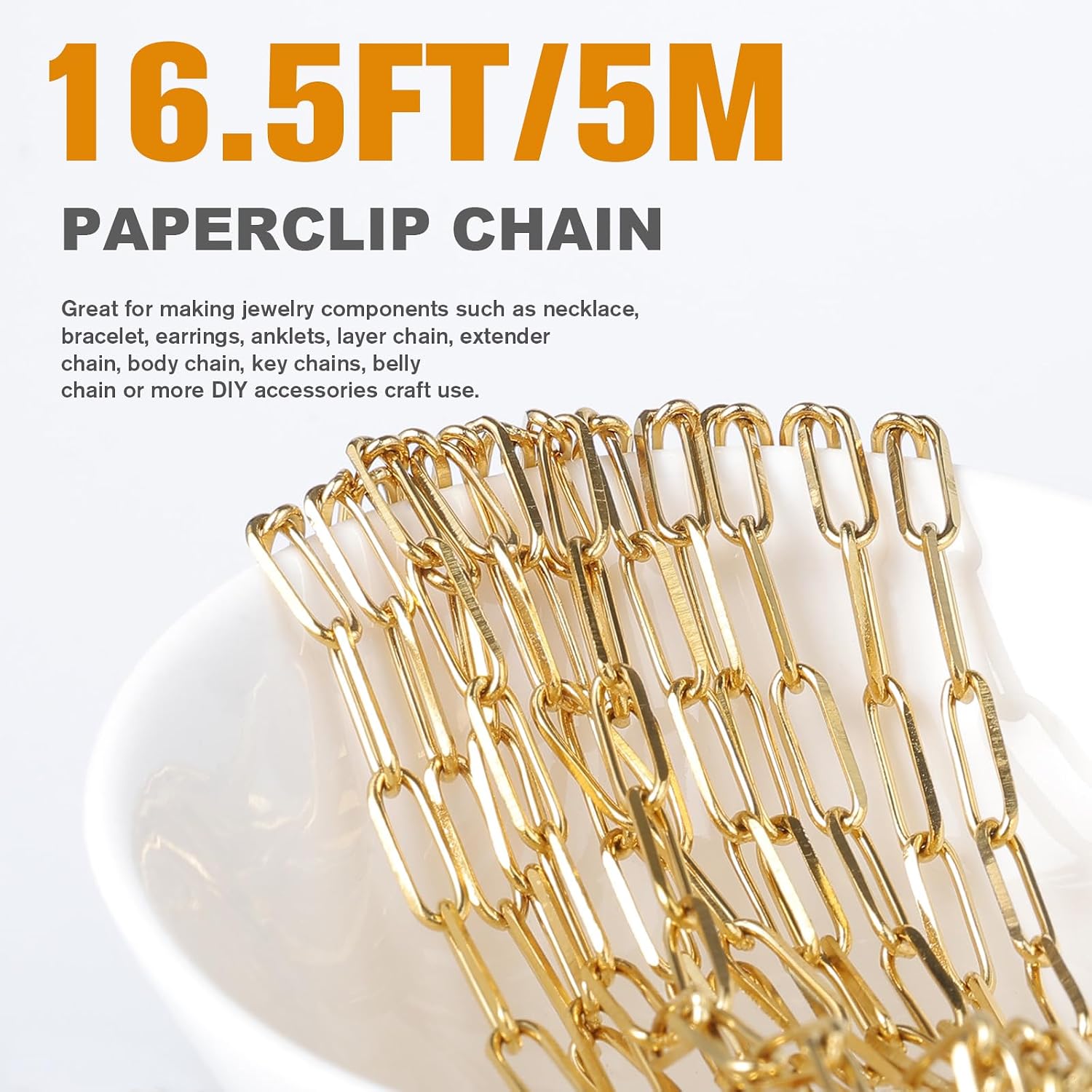 16.5FT Gold Paperclip Chain for Jewelry Making 4.3MM Stainless Steel Chains