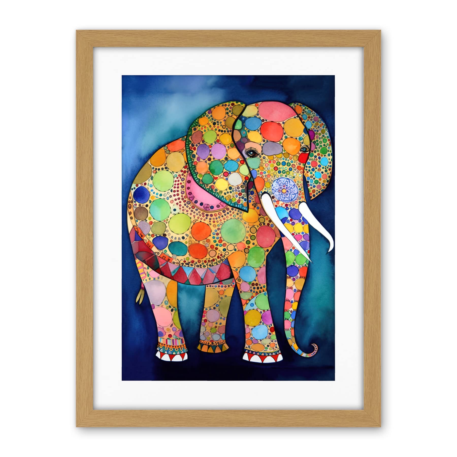 Artery8 Elephant With Patterns Folk Art Watercolour Painting Artwork Framed Wall Art Print 18X24 Inch