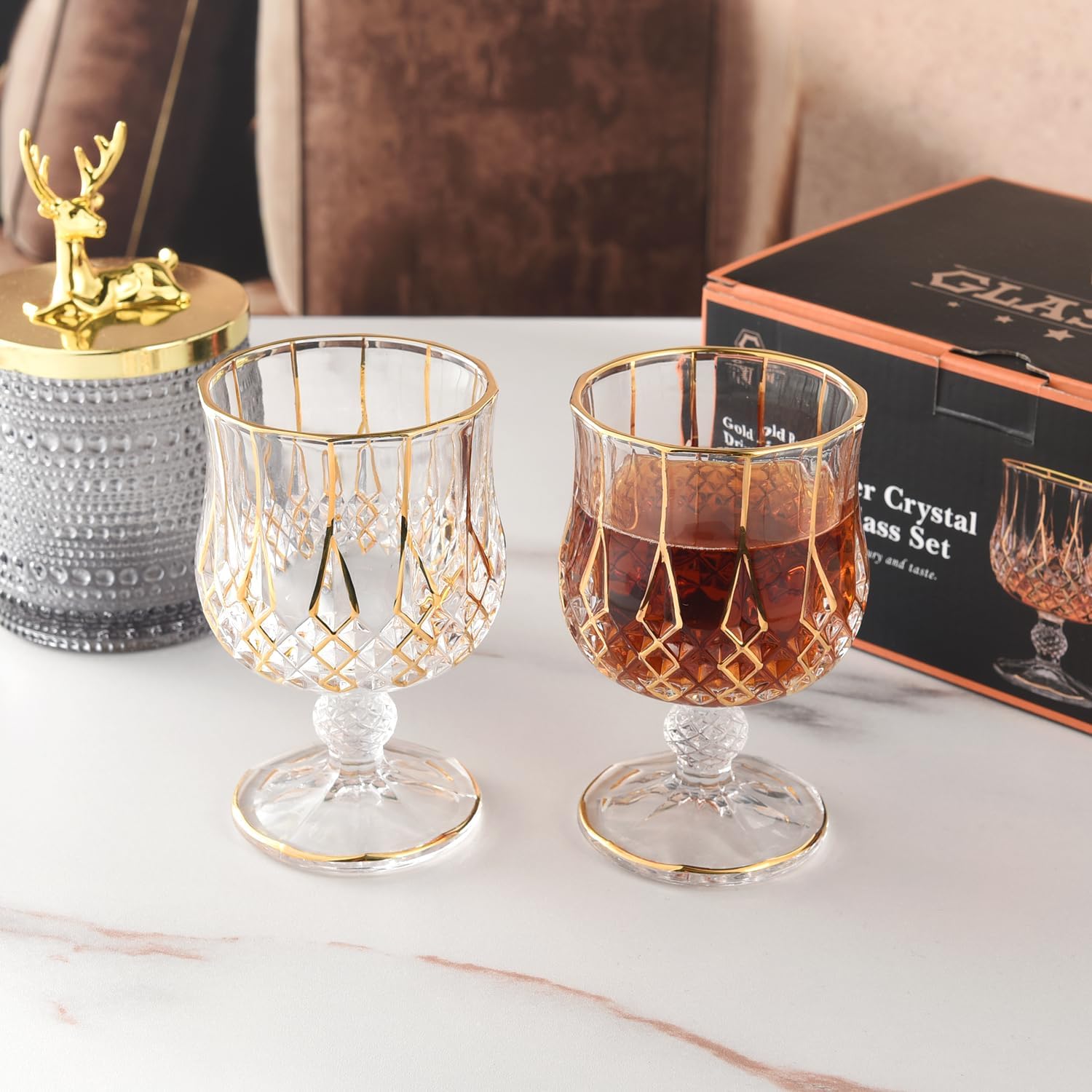 GLASKEY Crystal Brandy and Cognac Snifter Glasses Set of 2-24K Gold Hand Decorated,Short Stem Cognac Glass Brandy Goblets for Bourbon,Scotch,Tequila,Armagnac,Rum,Gift Ideas-7oz