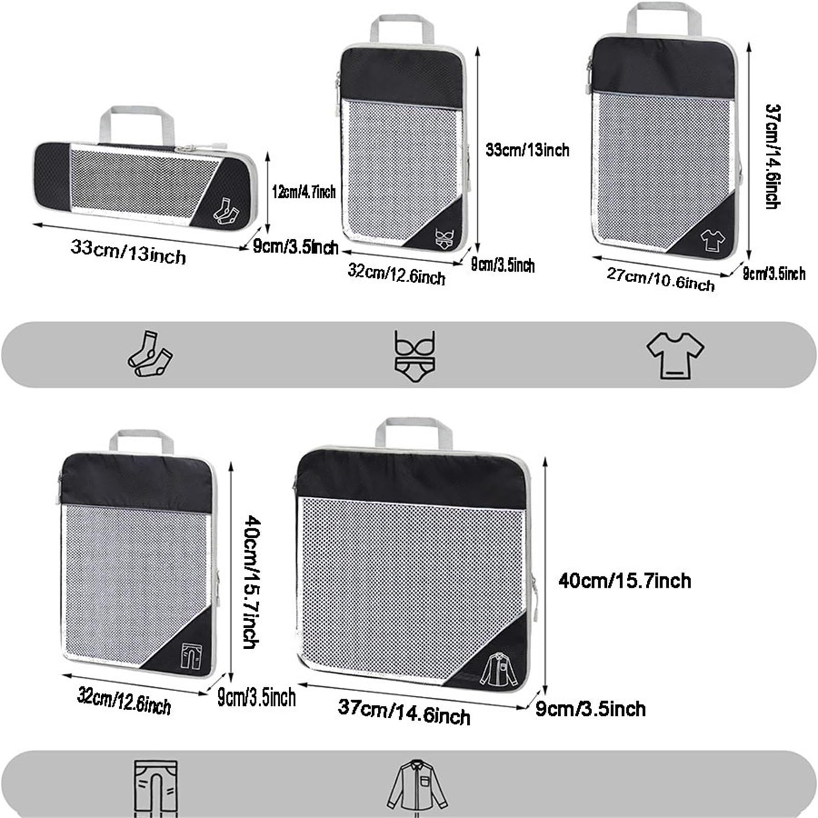 Organizzatori da Viaggio a Compressione Cubi da imballaggio a compressione da 5 pezzi Cubi da imballaggio ultraleggeri estensibili for valigie Set di borse for organizer for valigie(Black)
