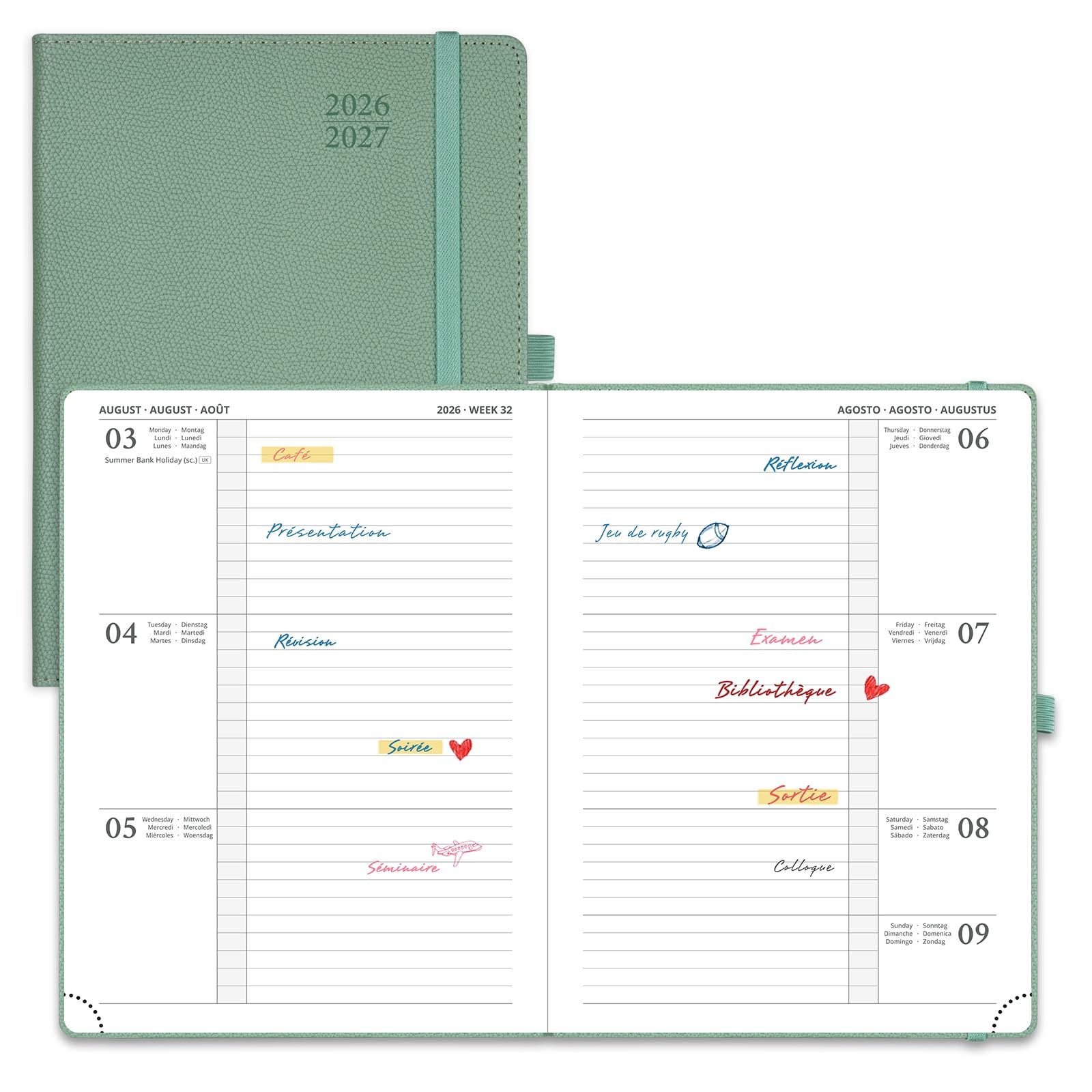 POPRUN Agenda 2026 2027 Semainier 22,5 x 16,5 cm Couverture Rigide Vert Militaire
