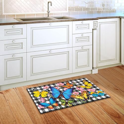 Miniatura 4 de Briarwood Lane Felpudo de primavera de 30 x 18 pulgadas, diseño de mariposas a cuadros para interiores y exteriores