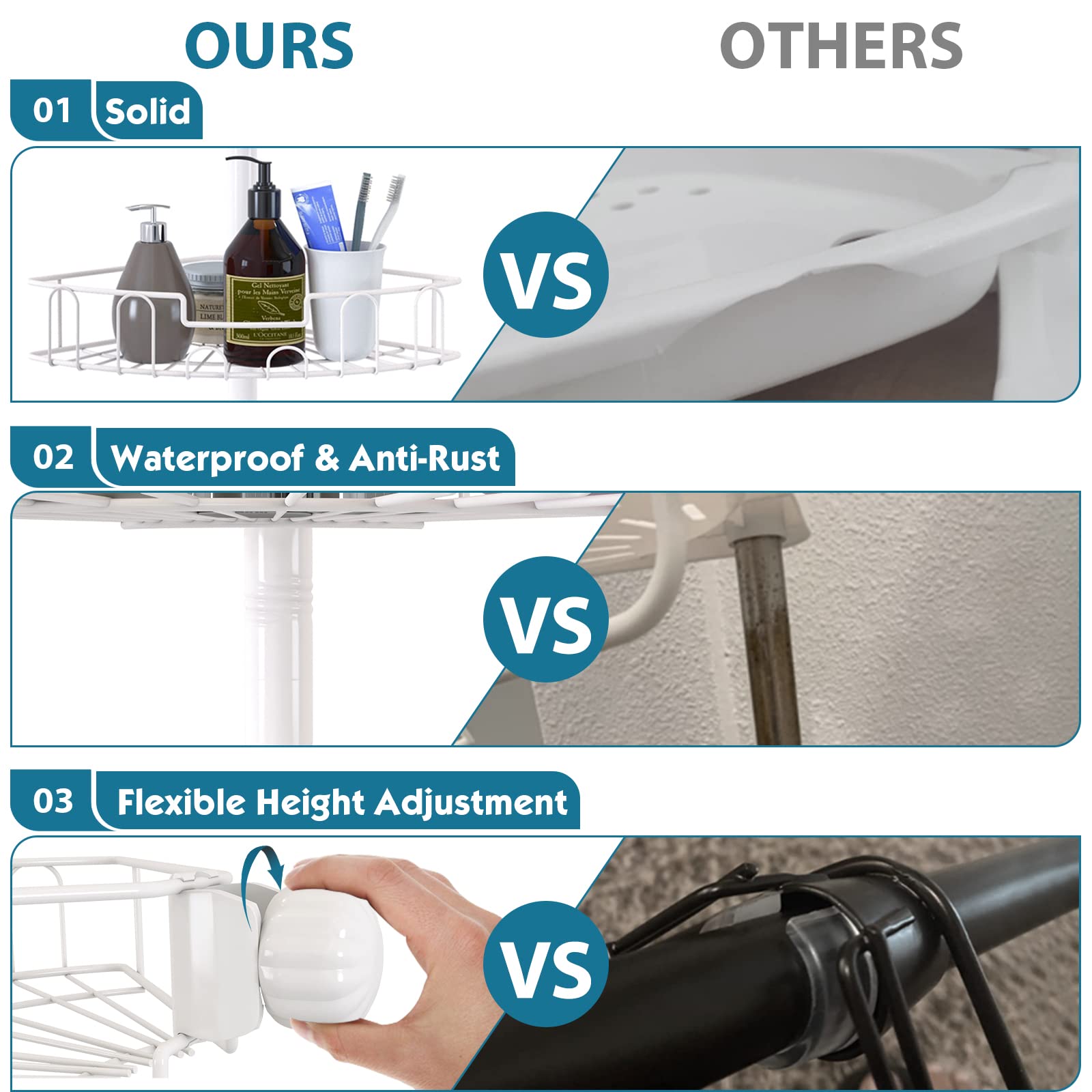 Rustproof Shower Caddy Corner for Bathroom, Bathtub Storage Organizer with 4 Adjustable Baskets, 39-125 Inch Shower Corner Caddy with Tension Pole for Shampoo Accessories, White