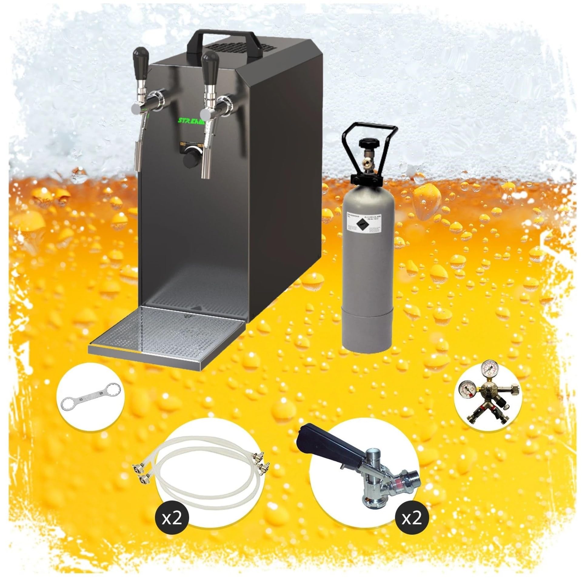 Erogatore Birra Stream 50 Set Completo 2 Linee, raffreddatore a Flusso Fino a 55 l/h, Acciaio Inossidabile, Keg Type D, Keg 2 Type A