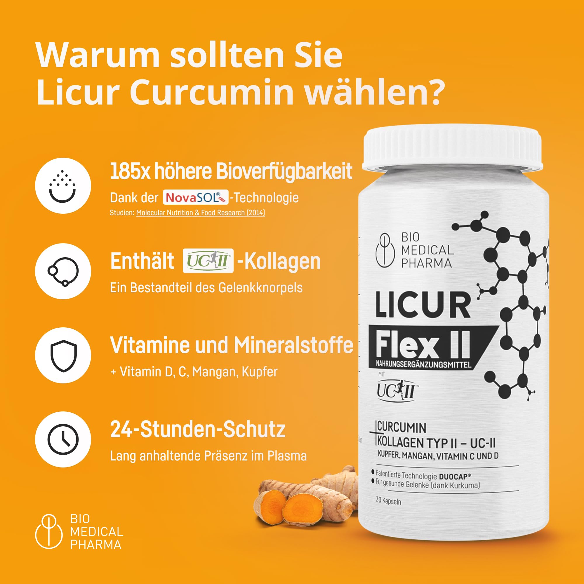 Kurkuma Kapseln hochdosiert mit Kollagen UC-II, Vitamin C und D, Mangan und Kupfer – 185x Höhere Bioverfügbarkeit – Hochdosiertes Mizellen Curcumin – 1 Kapsel Täglich – Licur Flex II (30 Kapseln)