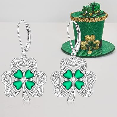 St Patricks Day Earrings Shamrock Earrings for Women Sterling Silver Good Lucky Celtic Green Four Leaf Clover Jewelry Gift