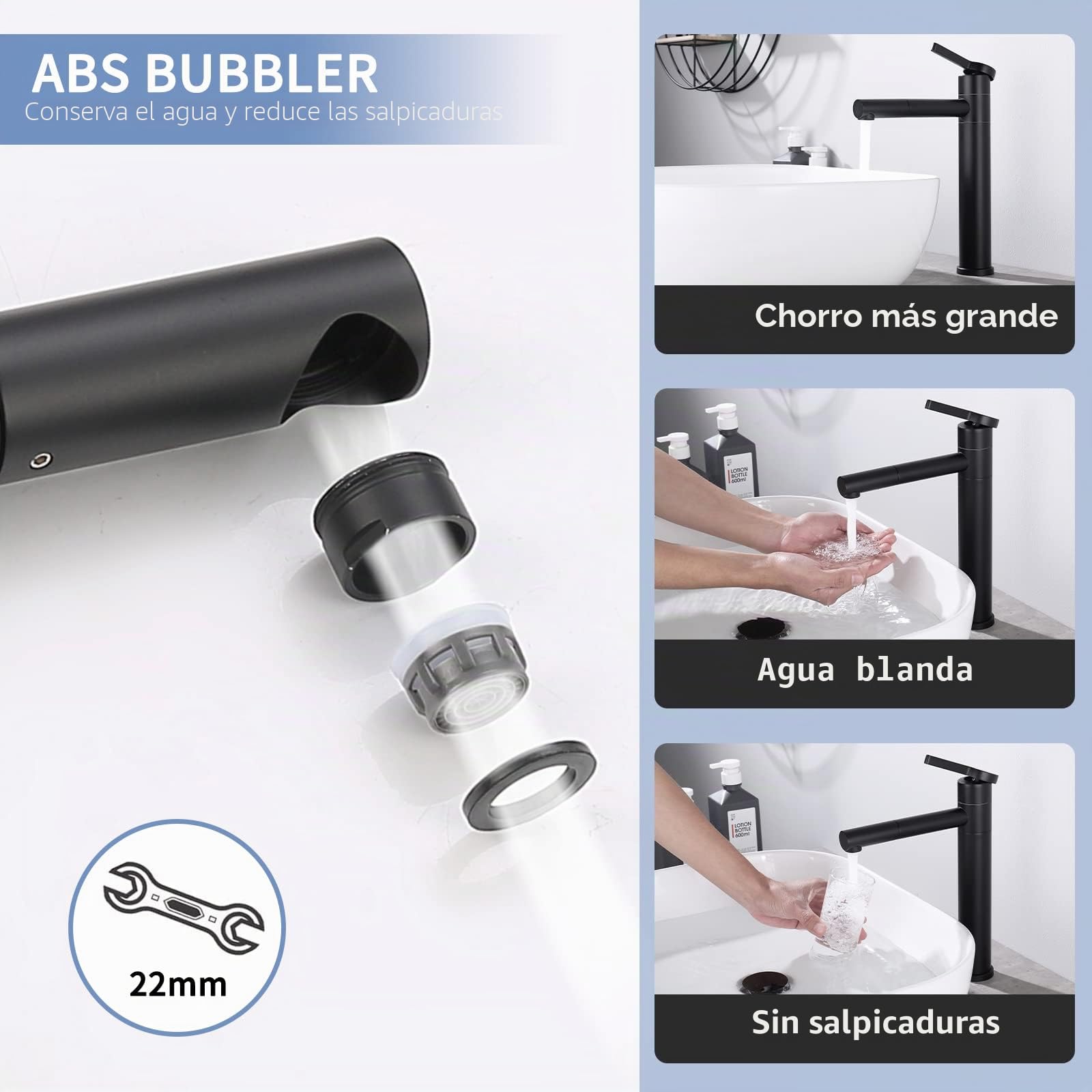 HOMELODY Grifo de baño negro alto con caño giratorio 360° y cuerpo – Grifo de acero inoxidable para baño con 215 mm de altura de caño – Fregadero monomando negro mate para lavabo superior