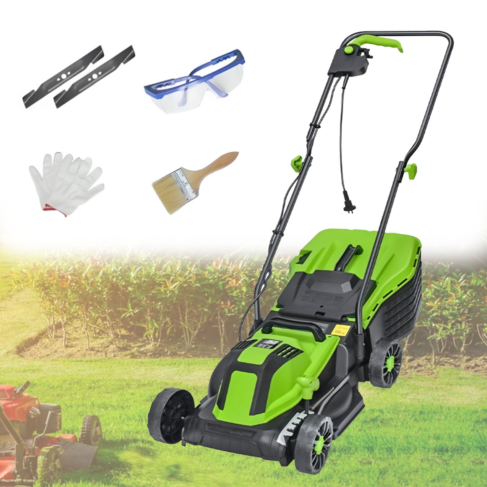 CortacéSped Manual, Escarificador EléCtrico con Cable, con Bolsa De Recogida De 45 litros, Ajuste De Profundidad En 5 Posiciones, para CéSped, JardíN Y Patio 2100W/32CM-Cord0M