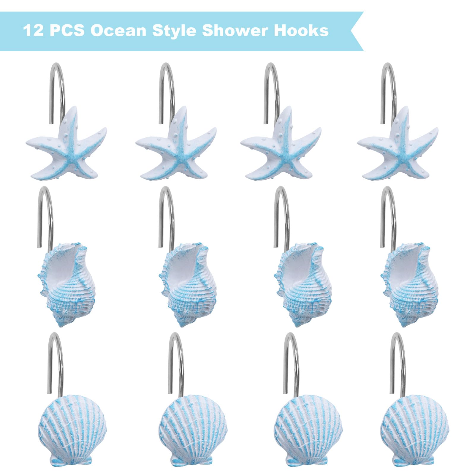 Seashell Decorative Shower Curtain Hooks Beach Starfish Conch Shower Curtain Rings Beach Nautical Hanger for Bathroom 12 PCS Aqua Blue
