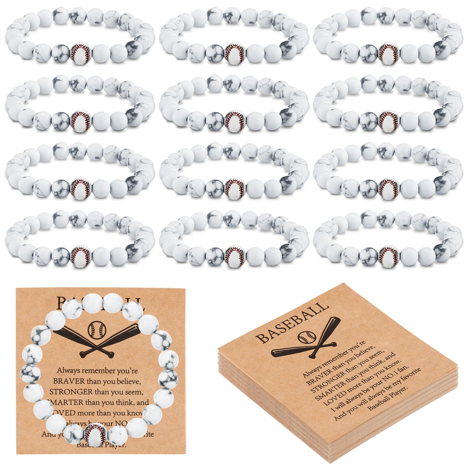 Ecation 12 Sets Sport Bracelets Team Gift Lave Stone Black White Beaded Bracelet with Inspirational Card for Football Volleyball Golf Baseball Basketball Soccer Softball Party Favor(White,Baseball)