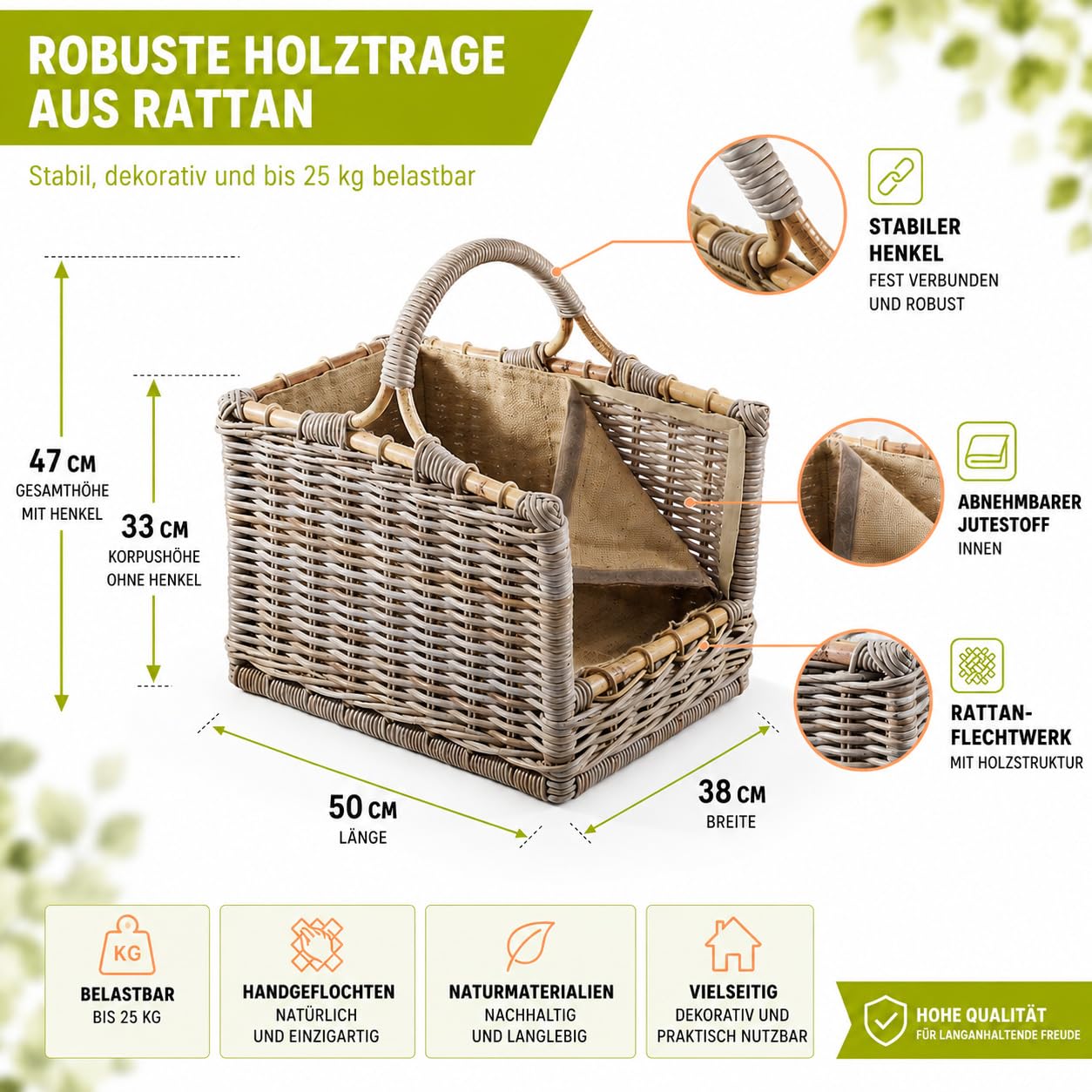 Kobolo Holztrage aus Rattan | 50x38x47 cm | grau | stabiler Kaminholzkorb mit Griff & Stoffeinsatz | robuster Holzkorb geflochten für Brennholz, Kaminholz & Feuerholz | dekorative Holzaufbewahrung