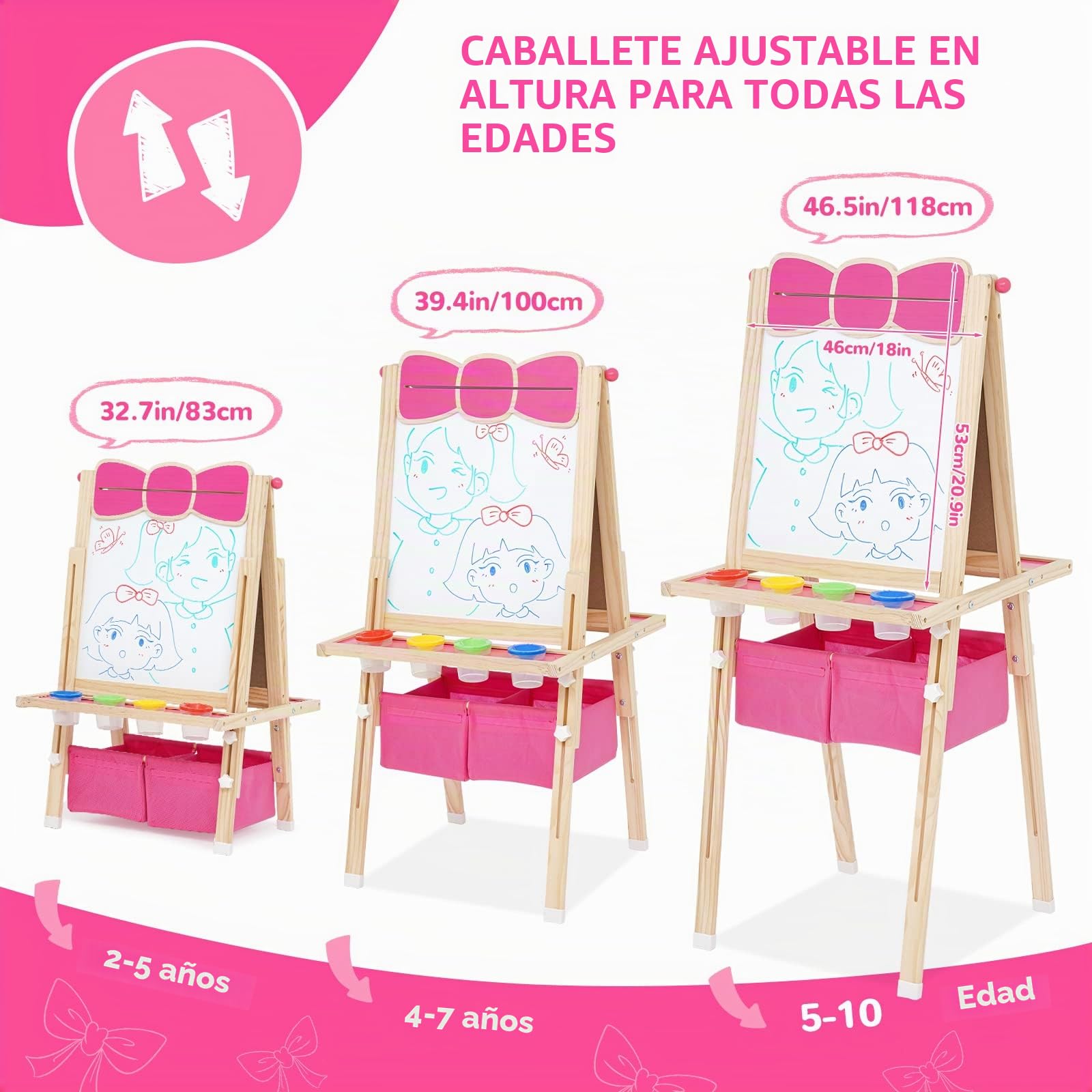 Caballete de Pintura Para niños de Madera,para Niños a Partir de 3 Años.Pizarra Infantil de Altura Regulable con Rollo de Papel,Pizarra,Pizarra Blanca,Set de Pintura y Bolsa de Almacenamiento.Rosa