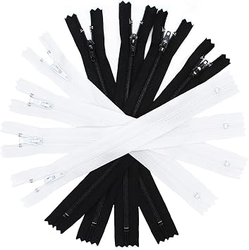 10" Zipper YKK #3 Skirt & Dress 6 Black and 6 White 12 Zippers/Pack Great for Apparel, Pouches, Sewing & Craft Projects