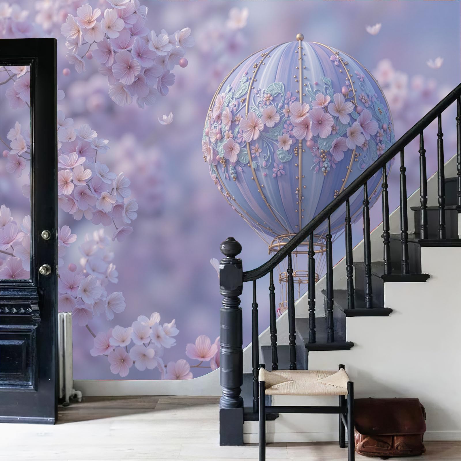 Papier Peint Panoramique Montgolfière Sakura, 250X175Cm (Lxh), Tapisserie Poster Geant Mural Rose Blush, Personnalisé 3D Pour Salon Chambre D'Enfants Décoration Murale Paysage De Rêve