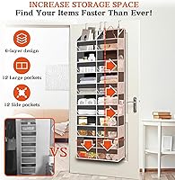 Vista 2 de Over the Door Organizer 6 Tiers, Extra Large Behind Door Storage of 12 Compartments, 80 lbs Weight Capacity Hanging Storage Organizer with Clear