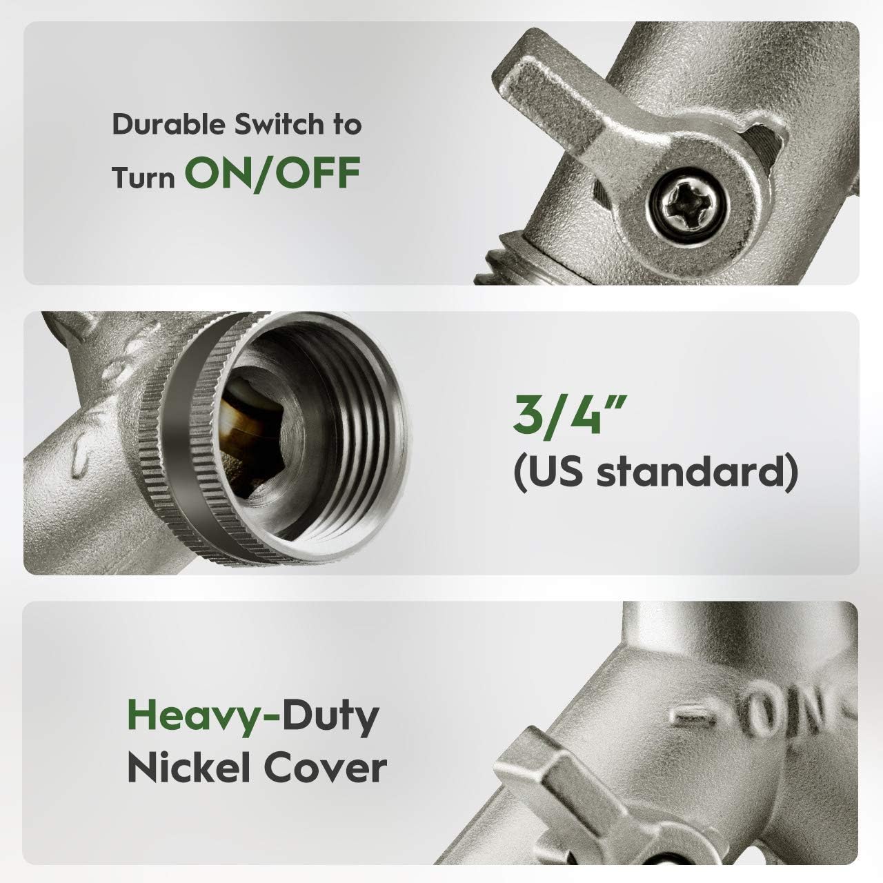 Nickel Plated Solid Brass Garden Hose Splitter, Heavy Duty 2 Way Y Faucet Adapter with Dual Shut Off Valves, Leak Proof 3/4 Inch Hose Bib Spigot for Outdoor Watering, Includes 3 Extra Washers