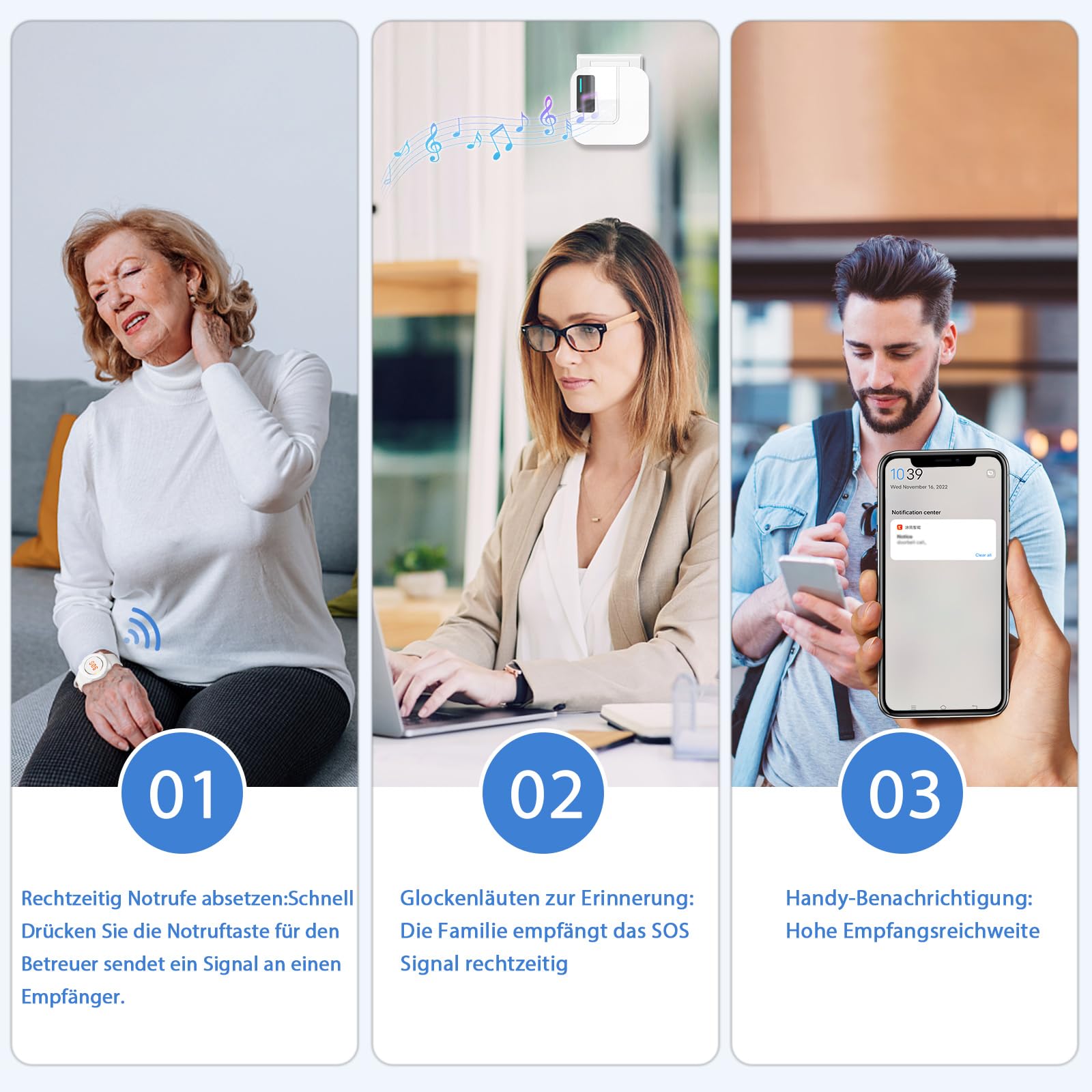 Daytech inteligentny alarm dla seniorów WiFi Tuya, przycisk ratujący życie, dla osób, które potrzebują pomocy w domu (2 odbiorniki + 2 przyciski + 1 bransoletka)