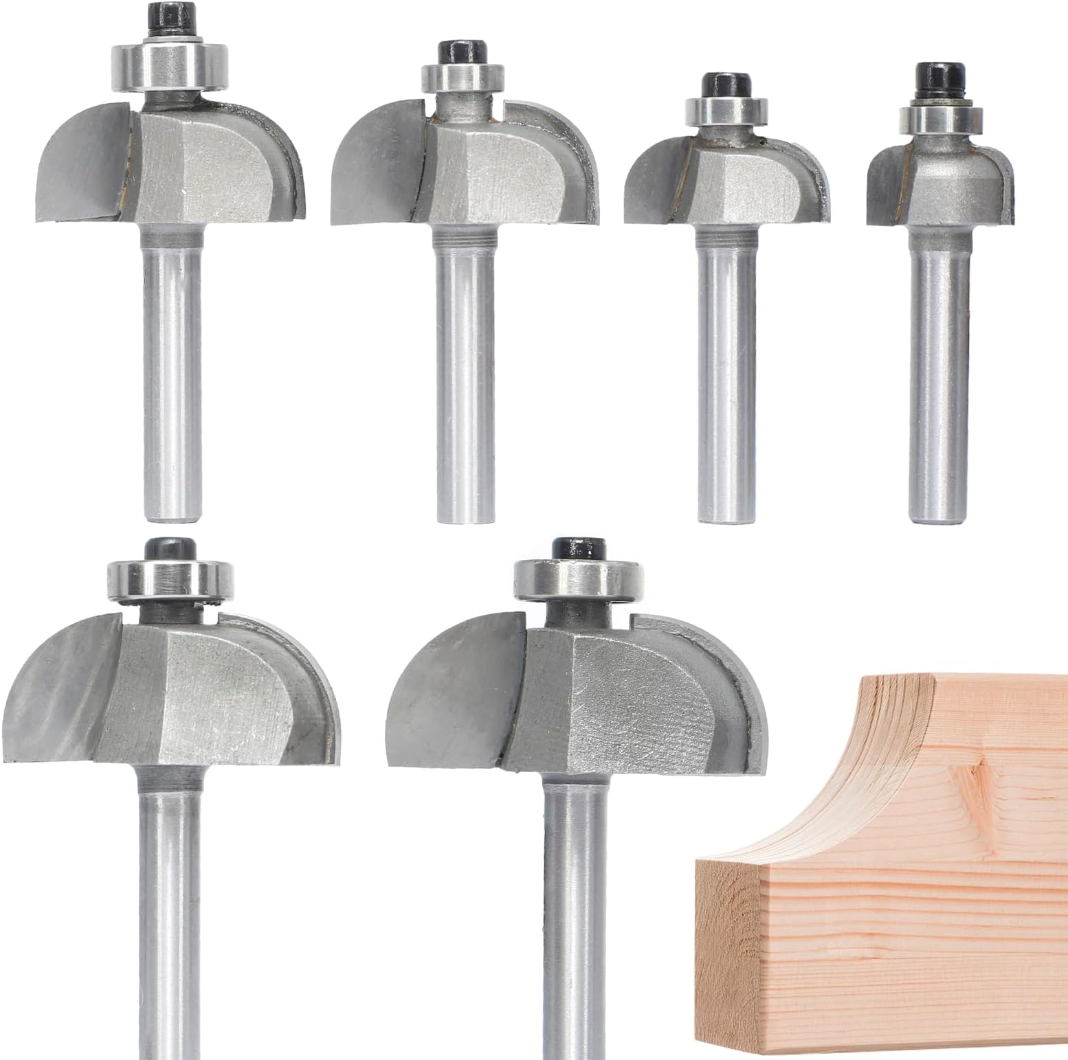 Akylin 6pcs Cove Router Bit Set,1/4" Shank,Radius 1/8",3/16",5/16",3/8",7/16", and 1/2",Cove Edging Cutter for Wood Edge Profiling,Molding