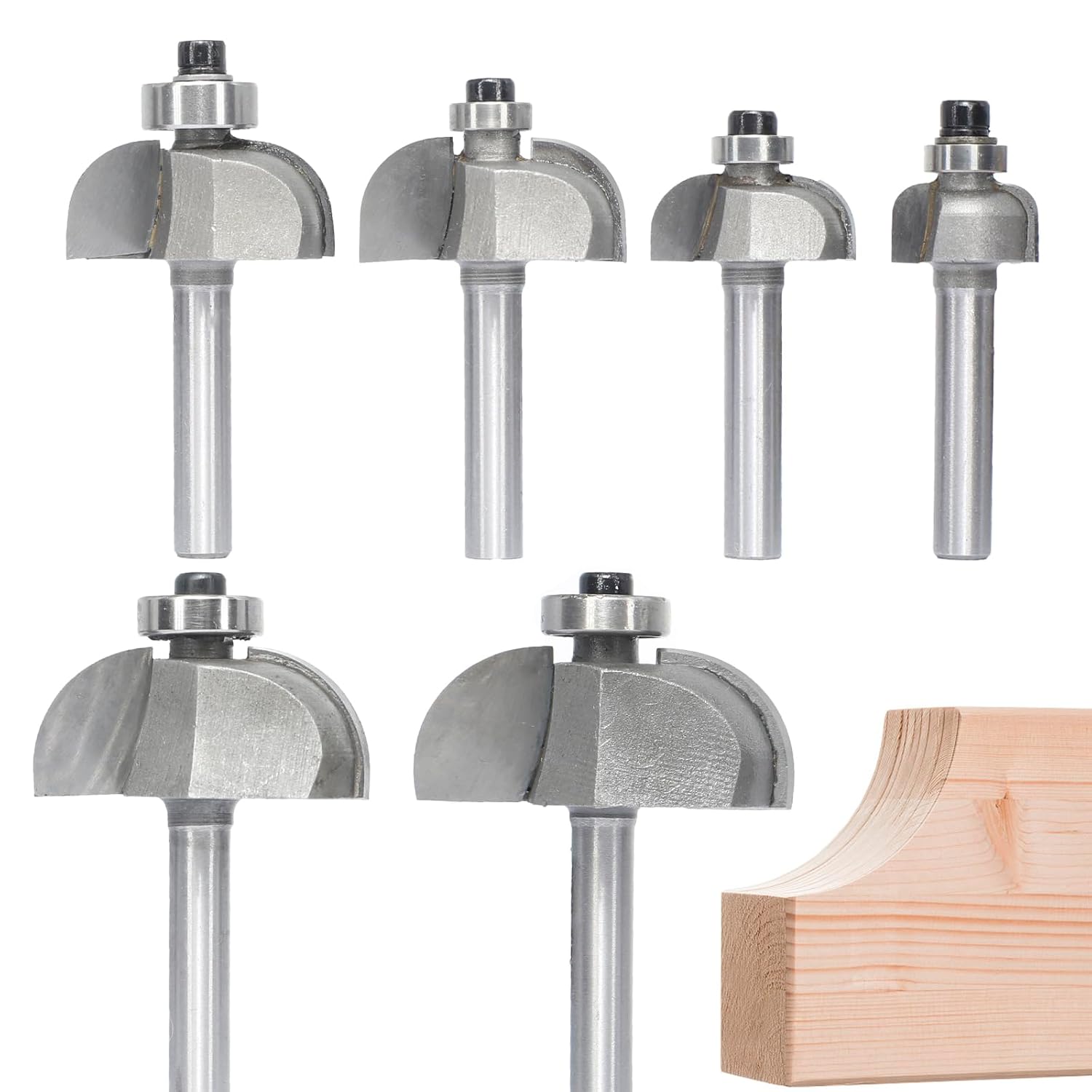 6pcs Cove Router Bit Set,1/4" Shank,Radius 1/8",3/16",5/16",3/8",7/16", and 1/2",Cove Edging Cutter for Wood Edge Profiling,Molding