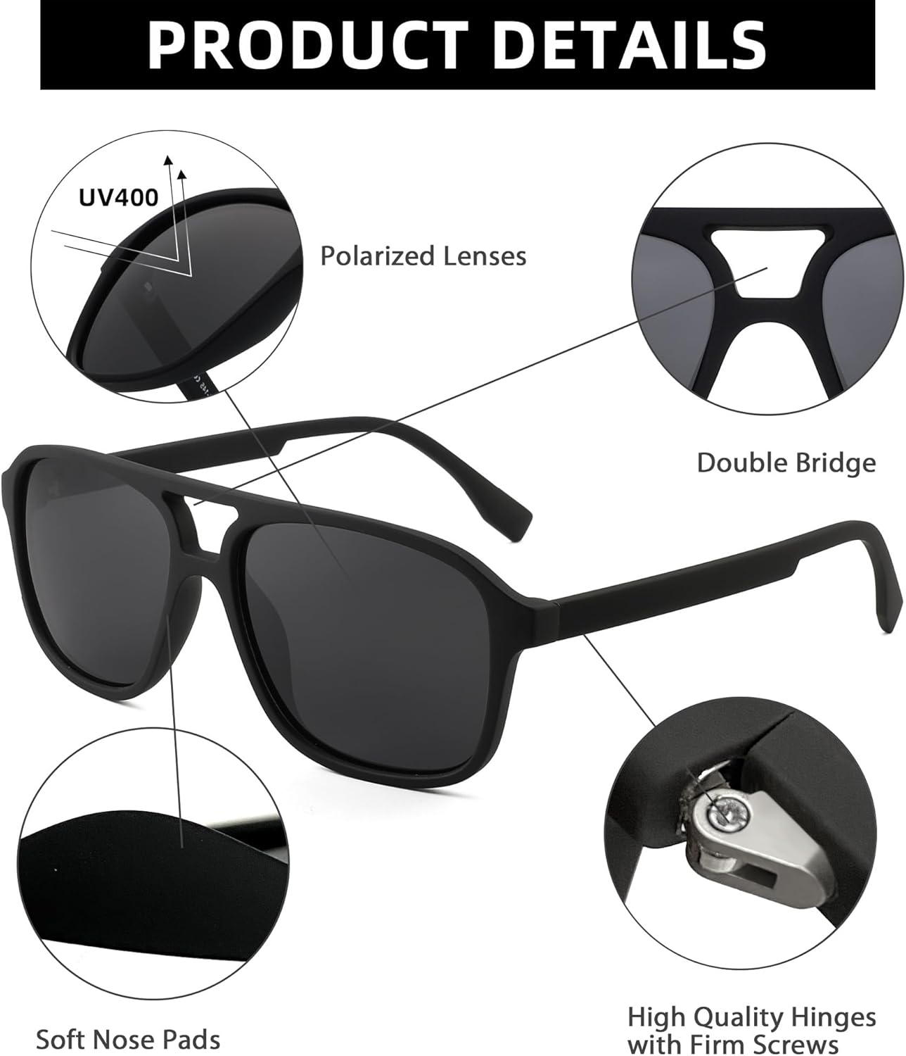 JIM HALO Polarized Aviator Sunglasses Men Women Vintage Square Driving Glasses (Matte Black Frame/Polarized Grey Lens) - Image 3