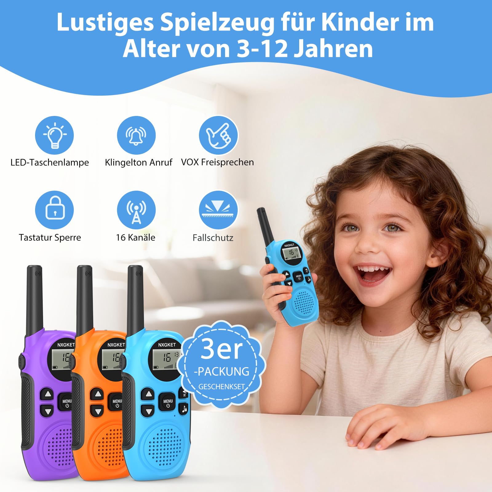 NXGKET Walkie Talkies für Kinder - Spielzeug 3-12 Jahren Junge, Funkgerät Set mit Taschenlampe, 3KM Große Reichweite, 16 Kanal Walkie Talkie für Abenteuer im Freien, Camping, Wandern– 3er Set