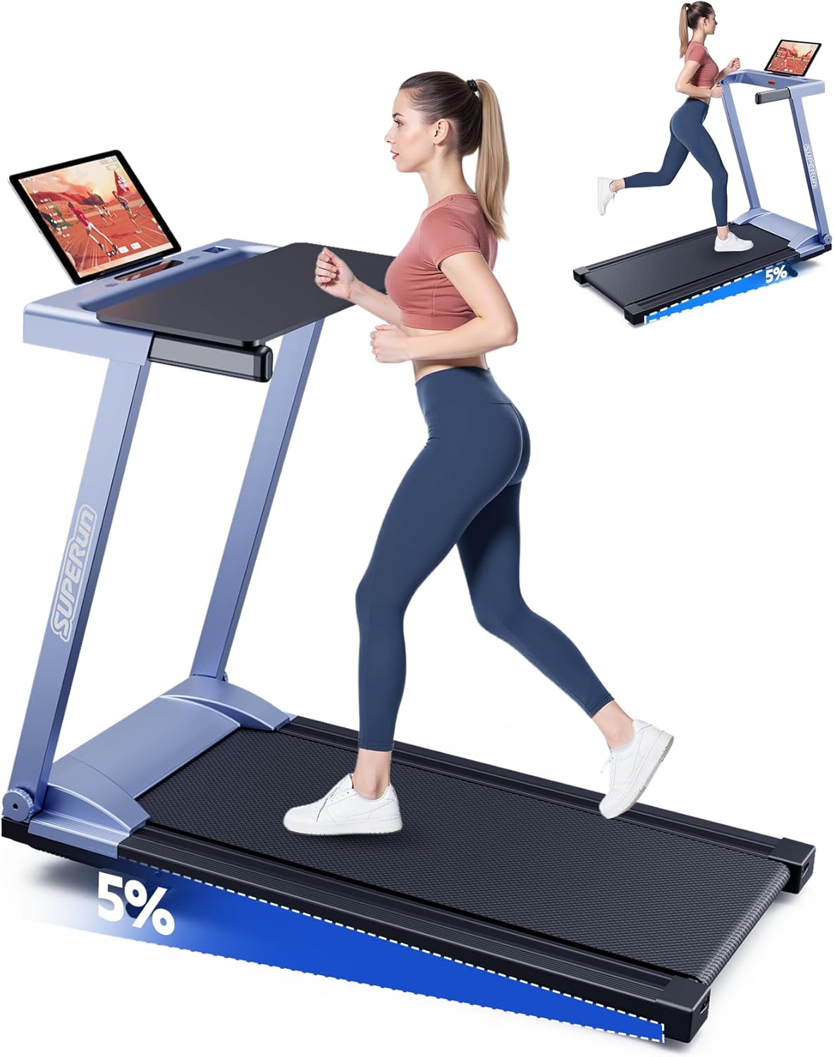 Superun Walking Pad Treadmill with Incline for Home Office, 3-in-1 Under Desk Treadmill with Smart App Control, 300LB Capacity, Quiet Portable Foldable Treadmill for Apartment & Small Spaces