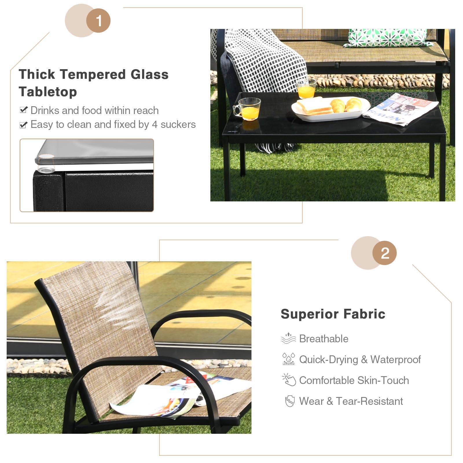 GIANTEX Salon de Jardin Exterieur 4 Pièces, Table Basse en Verre Trempé, 2 Place Canapé, 2 Chaises, Mobilier de Jardin 4 Personnes en Tissu Respirant pour Terrase, Piscine, Patio, Marron