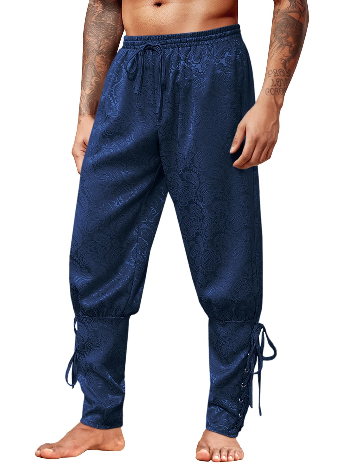 Runcati Mens Medieval Ankle Pants Renaissance Viking Pirate Lace Up Steampunk Victorian Halloween Costume Printed Trousers