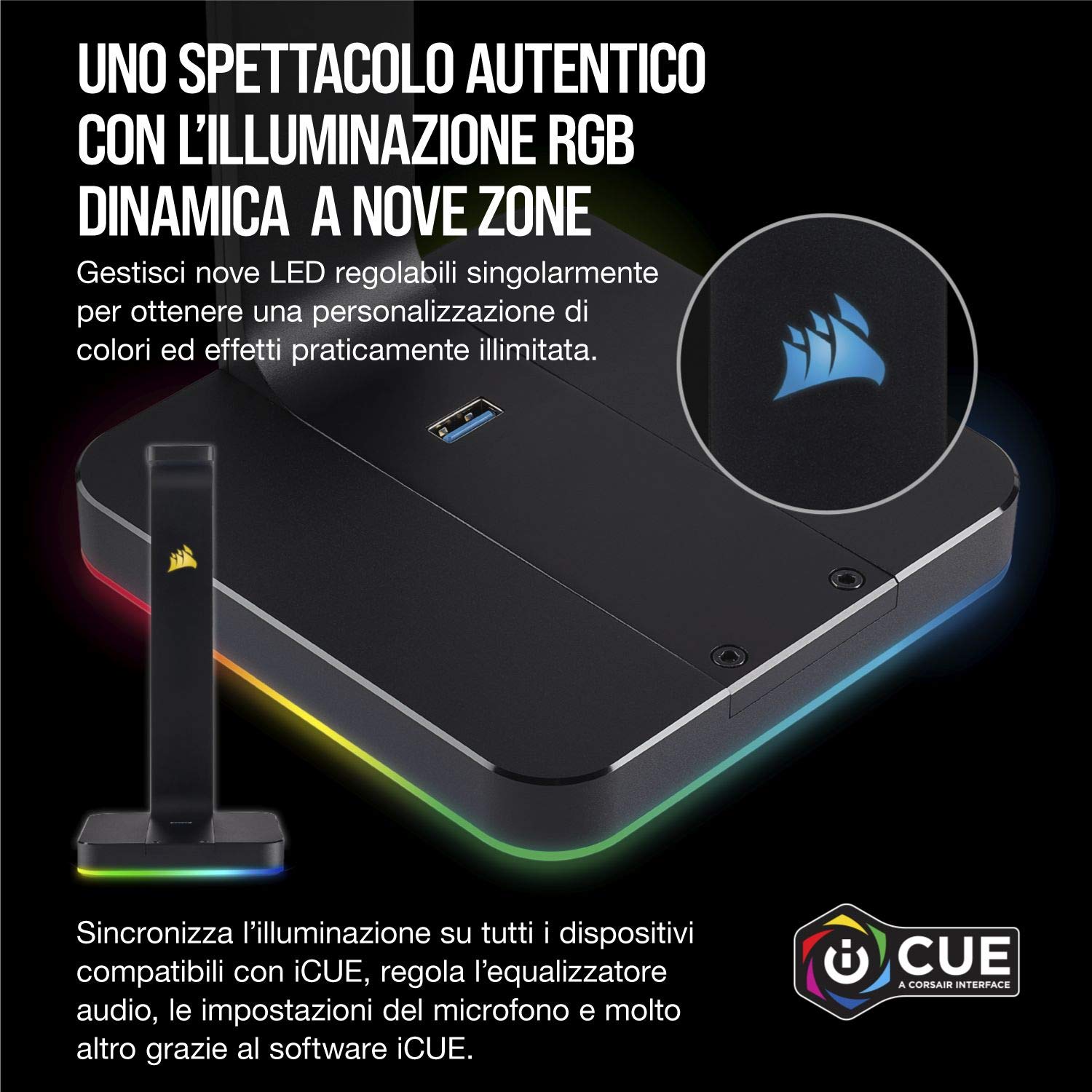 Corsair ST100 RGB Porta Cuffie Premium con Scheda Audio 7.1 Surround Integrata, Nero