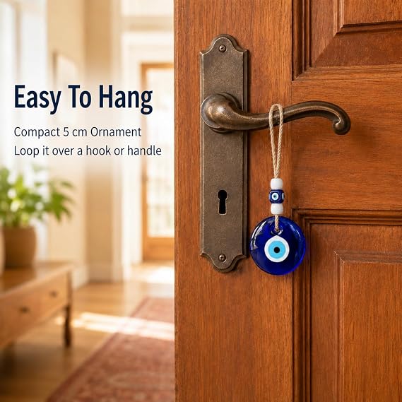 Evil Eye Wall Hanging, 1 Pc Blue Nazar Style Hanging Decoration, Round Glass-Style Eye Ornament with Rope for Door, Window, Wall, Office, Balcony, Garden Room and Boho Home Decor
